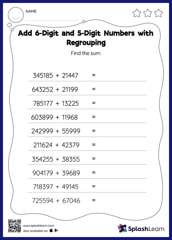 Add 6-Digit and 5-Digit Numbers with Regrouping: Horizontal ...