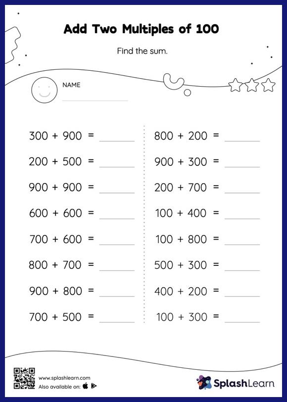 Add Two Multiples of 100: Horizontal Addition - Math Worksheets ...