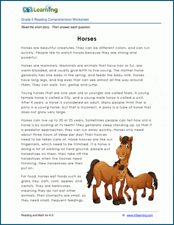 Horses - Grade 5 Childrens Story | Worsheets library