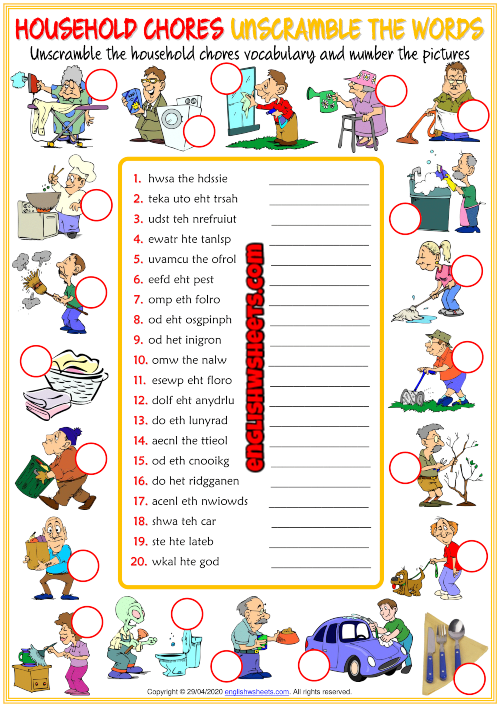 Household Chores ESL Unscramble the Words Worksheet