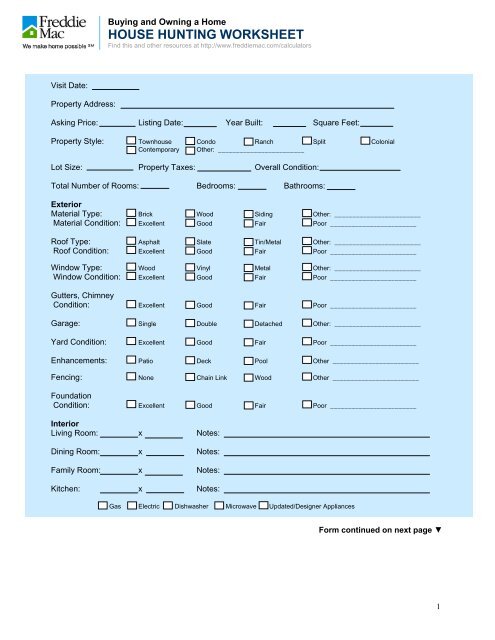 HOUSE HUNTING WORKSHEET