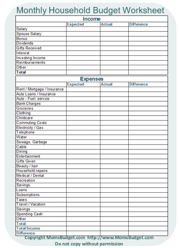 household budget worksheet printable pdf