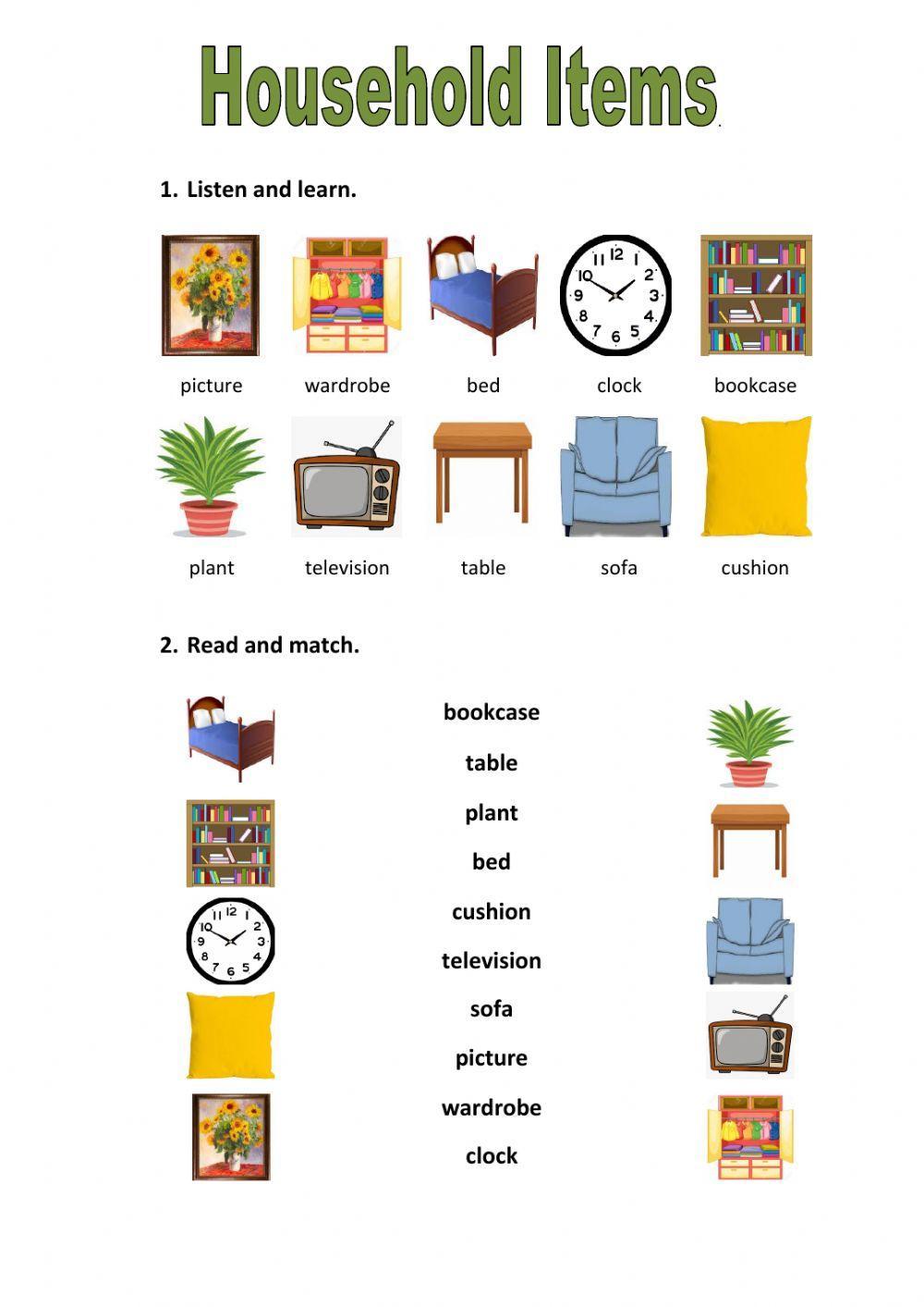 Household Items Exercise Worksheets Library