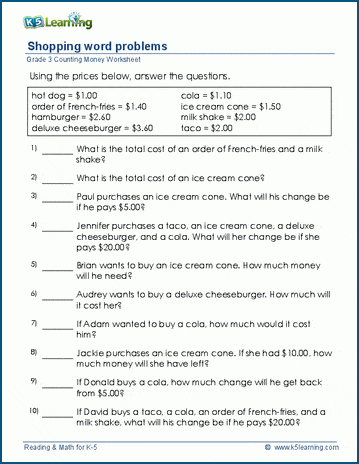 Shopping word problems for grade 3| Worsheets library
