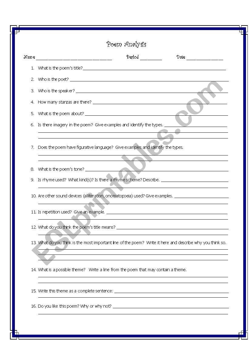 how to analyse a poem worksheet