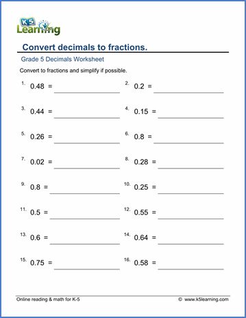 Decimals to fractions: convert &  simplify | Worsheets library