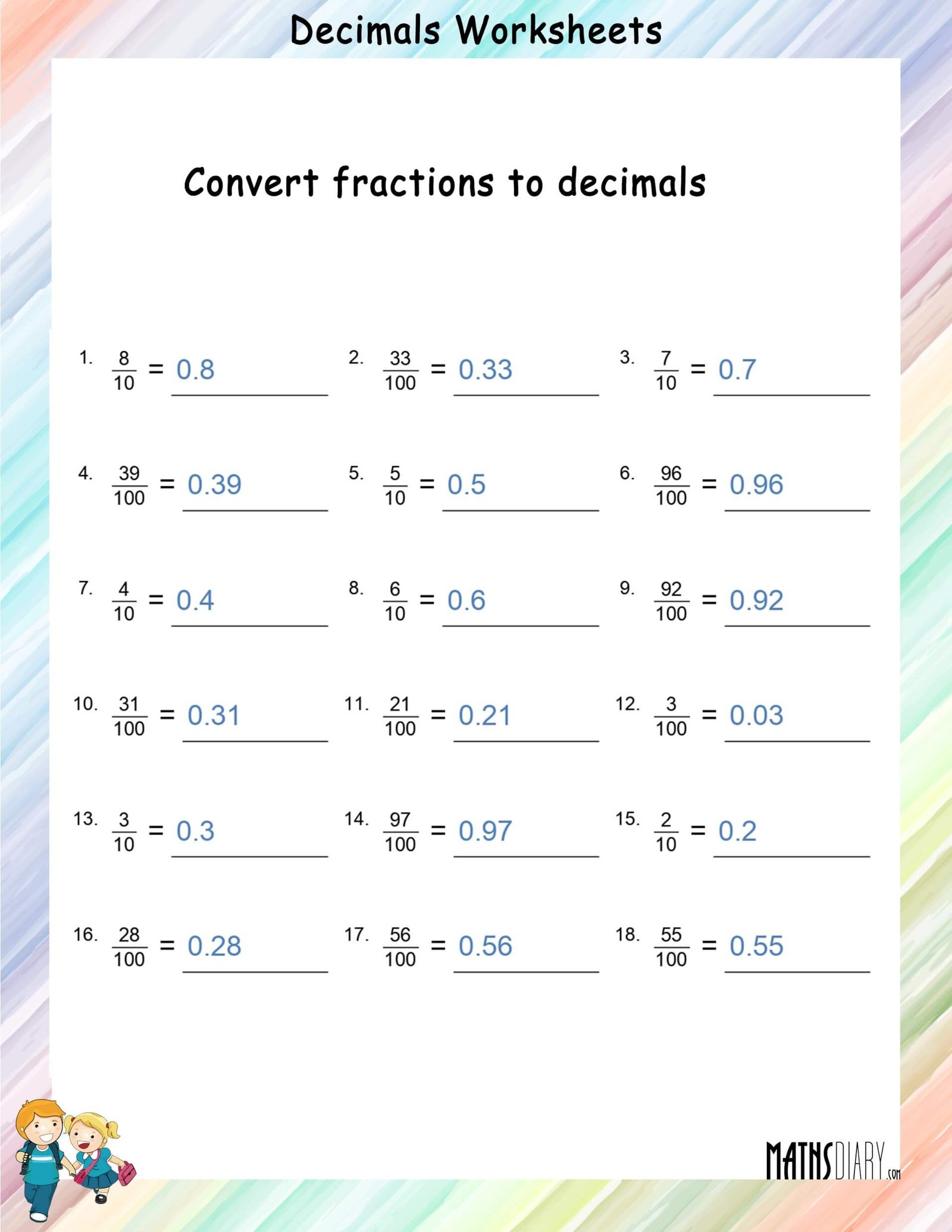 how to convert fractions to decimals worksheet
