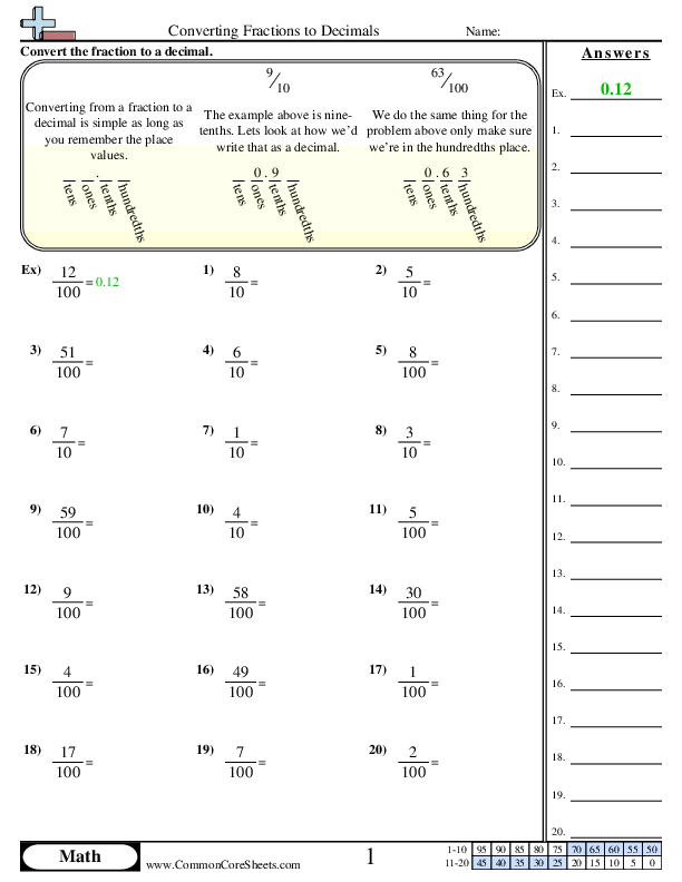 how to convert fractions to decimals worksheet