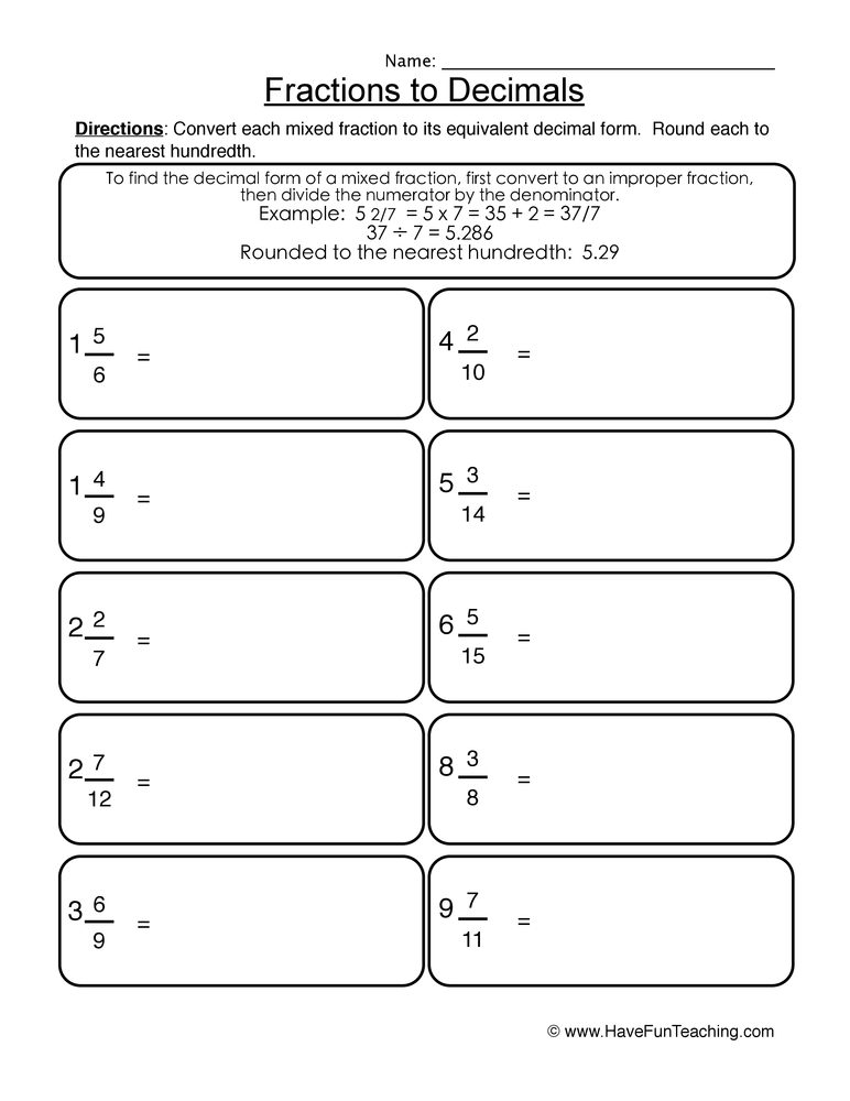 how to convert fractions to decimals worksheet