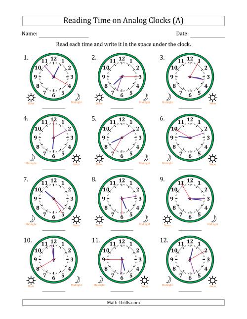 Reading 12 Hour Time on Analog Clocks in 5 Second Intervals (12 ...