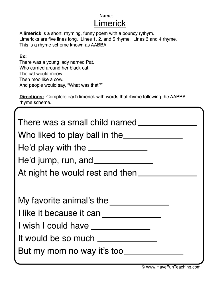 Limerick Fill in the Blank Worksheet  
