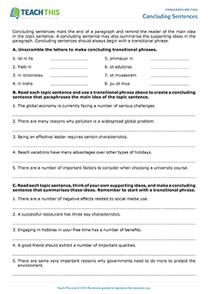 how to write a topic sentence worksheet