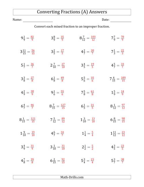 Converting Mixed Fractions to Improper Fractions (A)