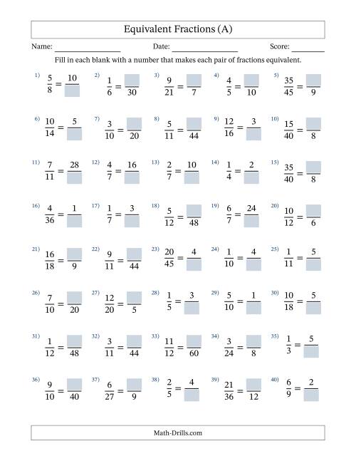 Equivalent Fractions with Blanks (Multiply or Divide Right) (A)