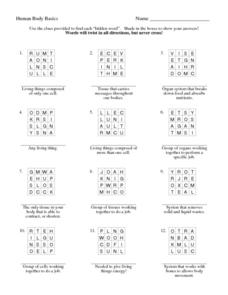 Human Body Basics Worksheet for 7th - 10th Grade | Lesson Planet