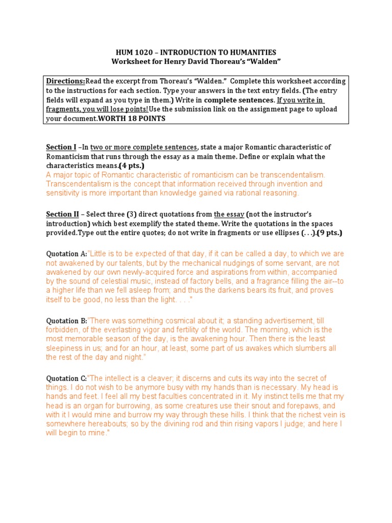 Thoreau Worksheet Entry Fields | Download Free PDF | Walden ...
