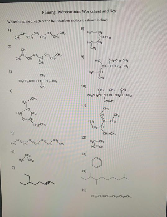 Solved Naming Hydrocarbons Worksheet and Key Write the name ...