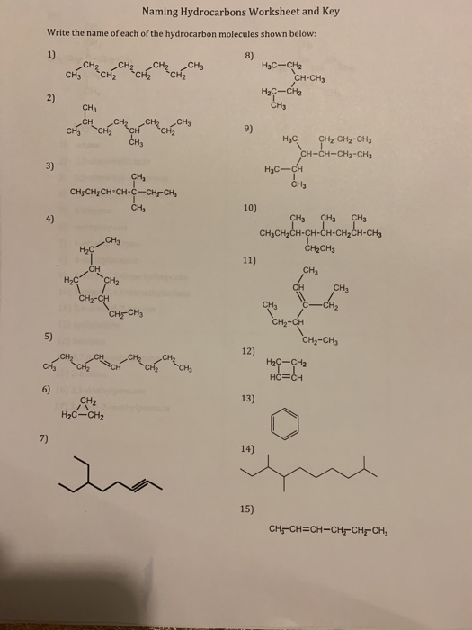 Solved Naming Hydrocarbons Worksheet and Key Write the name ...