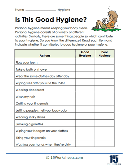hygiene worksheet for adults