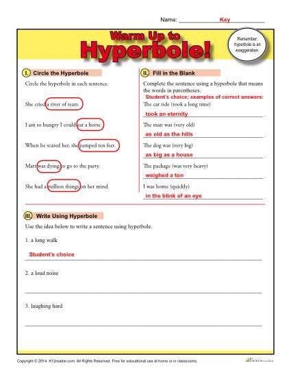 Hyperbole Warm Up Activity | Figurative Language Worksheets