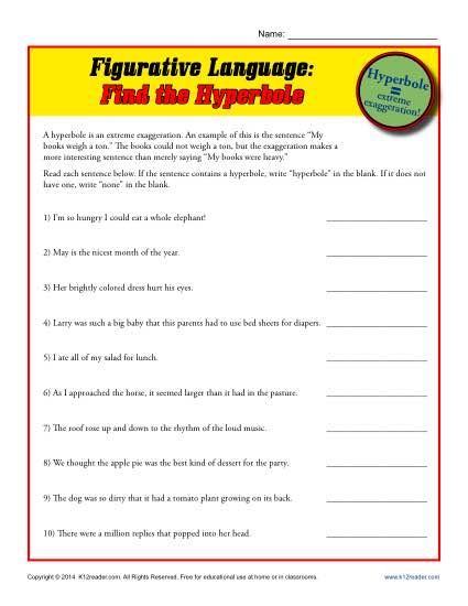 Figurative Language: Find the Hyperbole | Printable Worksheets