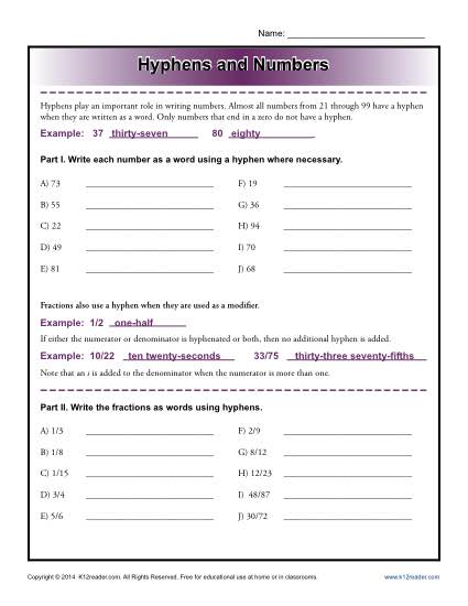Hyphens and Numbers - Reading Worksheets, Spelling, Grammar ...