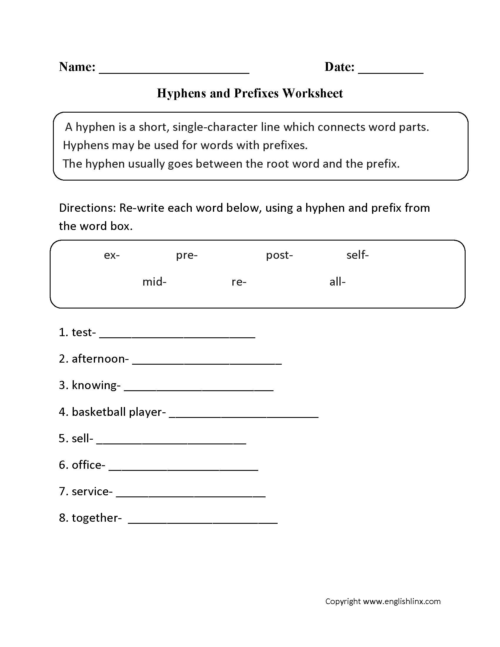 hyphen worksheet with answers