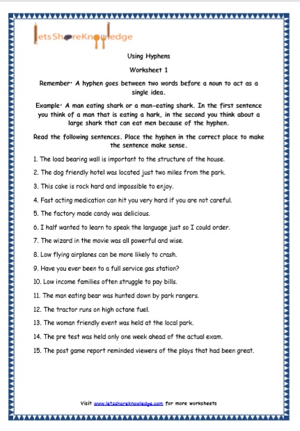 hyphen worksheet with answers