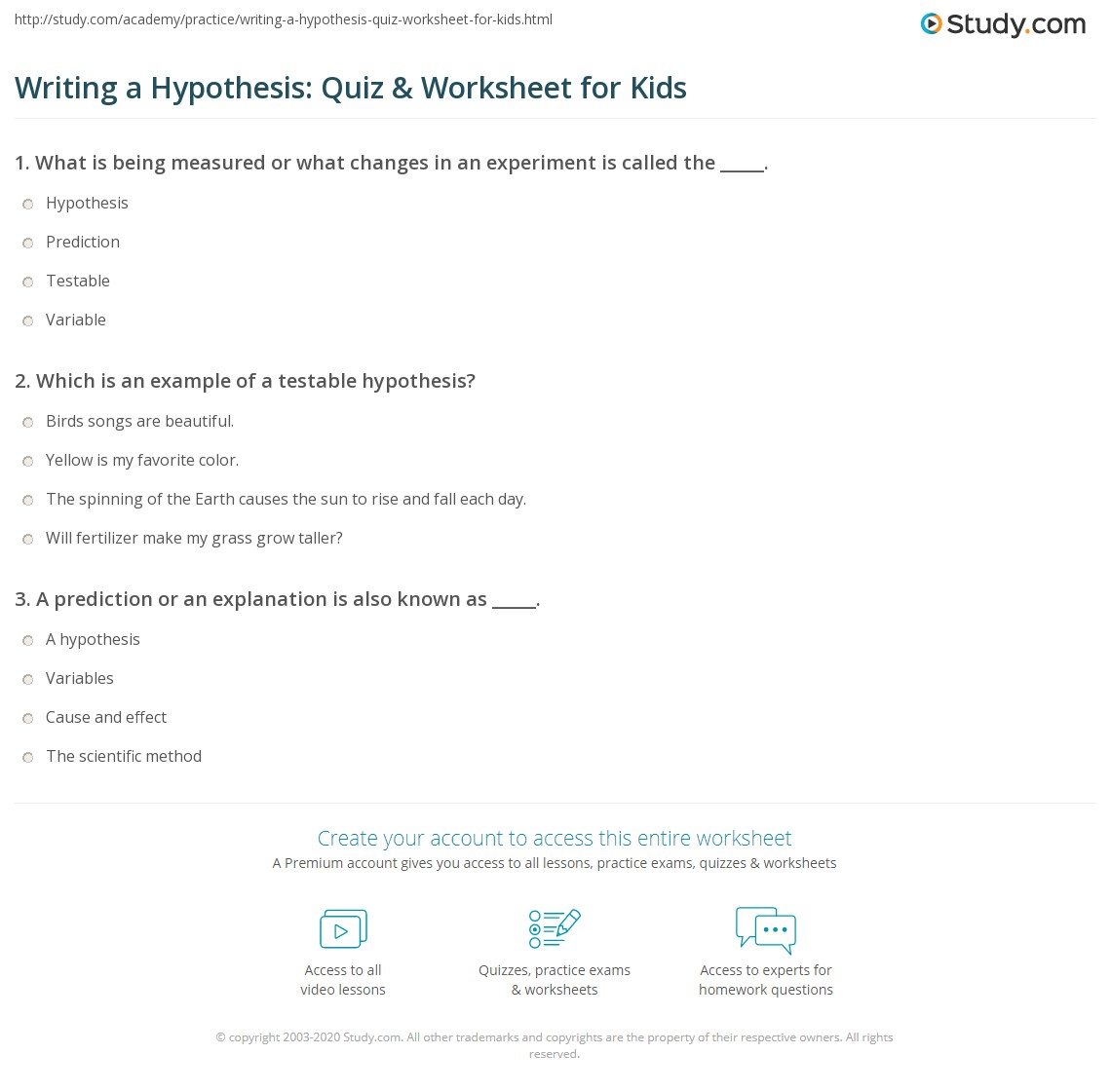 Writing a Hypothesis: Quiz &  Worksheet for Kids | Study.com