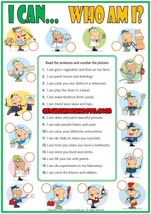 Ability : Can ESL Jobs Matching Exercise Worksheet For Kids