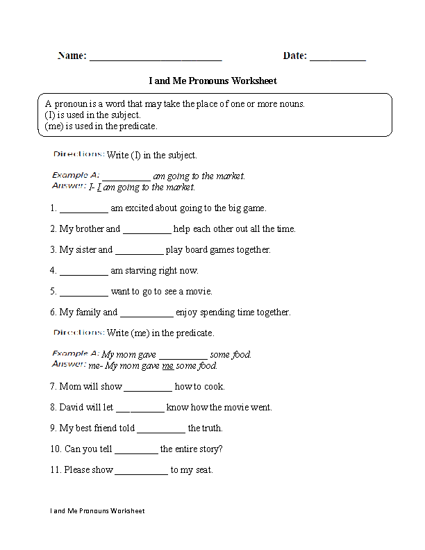 Using I &  Me Worksheet