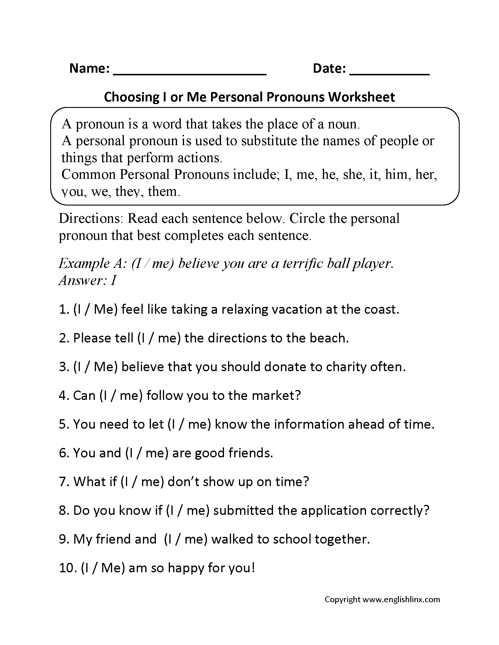 I vs. me Worksheet Worksheet