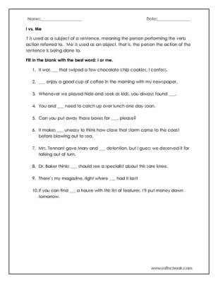 i or me worksheet