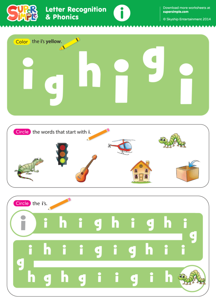 Letter Recognition &  Phonics Worksheet - i (lowercase) - Super Simple