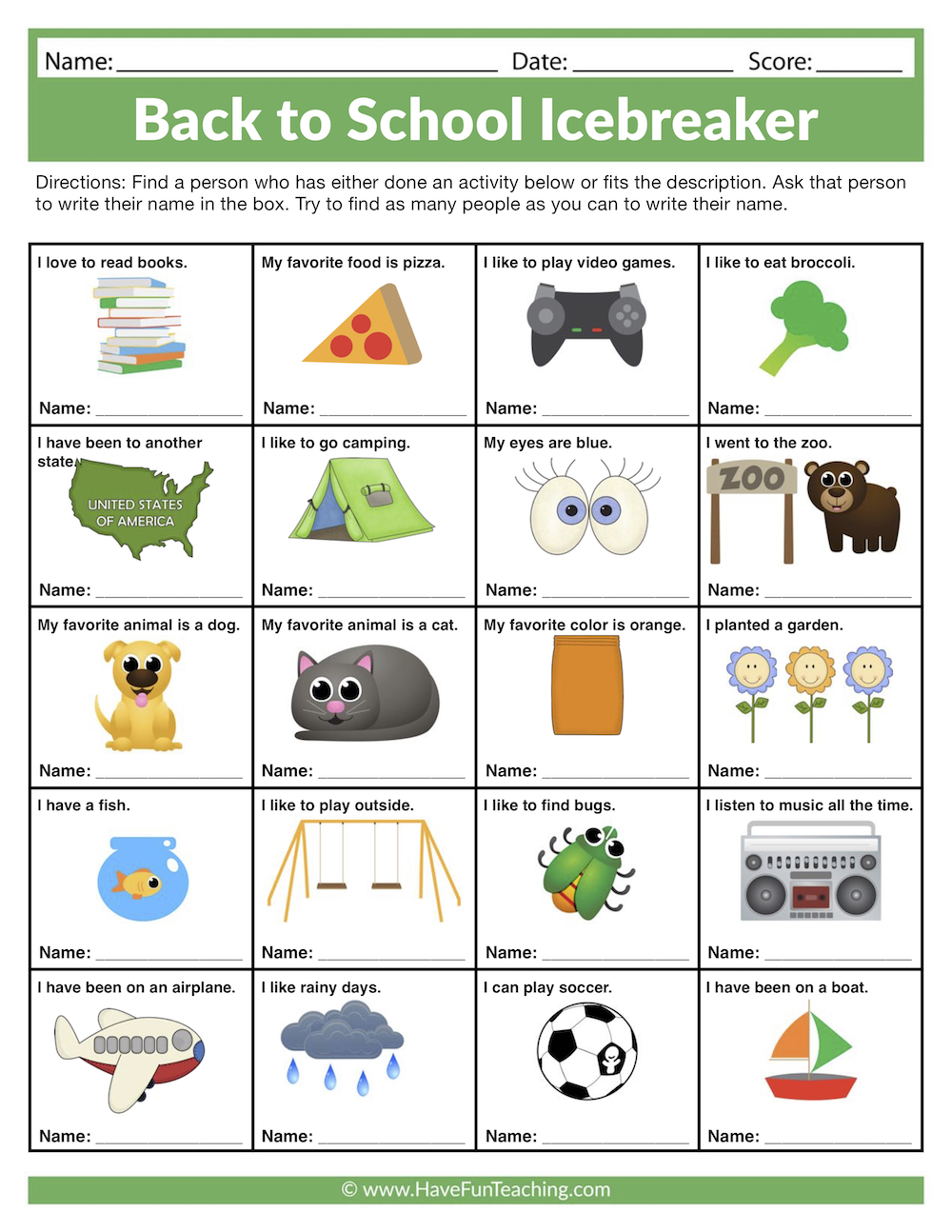 Back to School Icebreaker Worksheet  