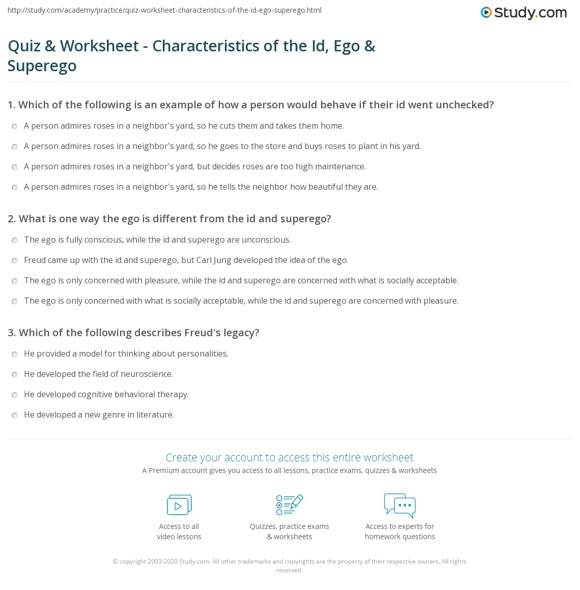 Quiz &  Worksheet - Characteristics of the Id, Ego &  Superego ...