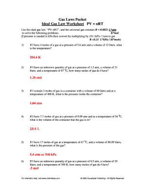 Ideal Gas Law Worksheet - Fill and Sign Printable Template Online