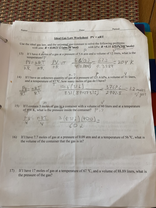 ideal gas law problems worksheet