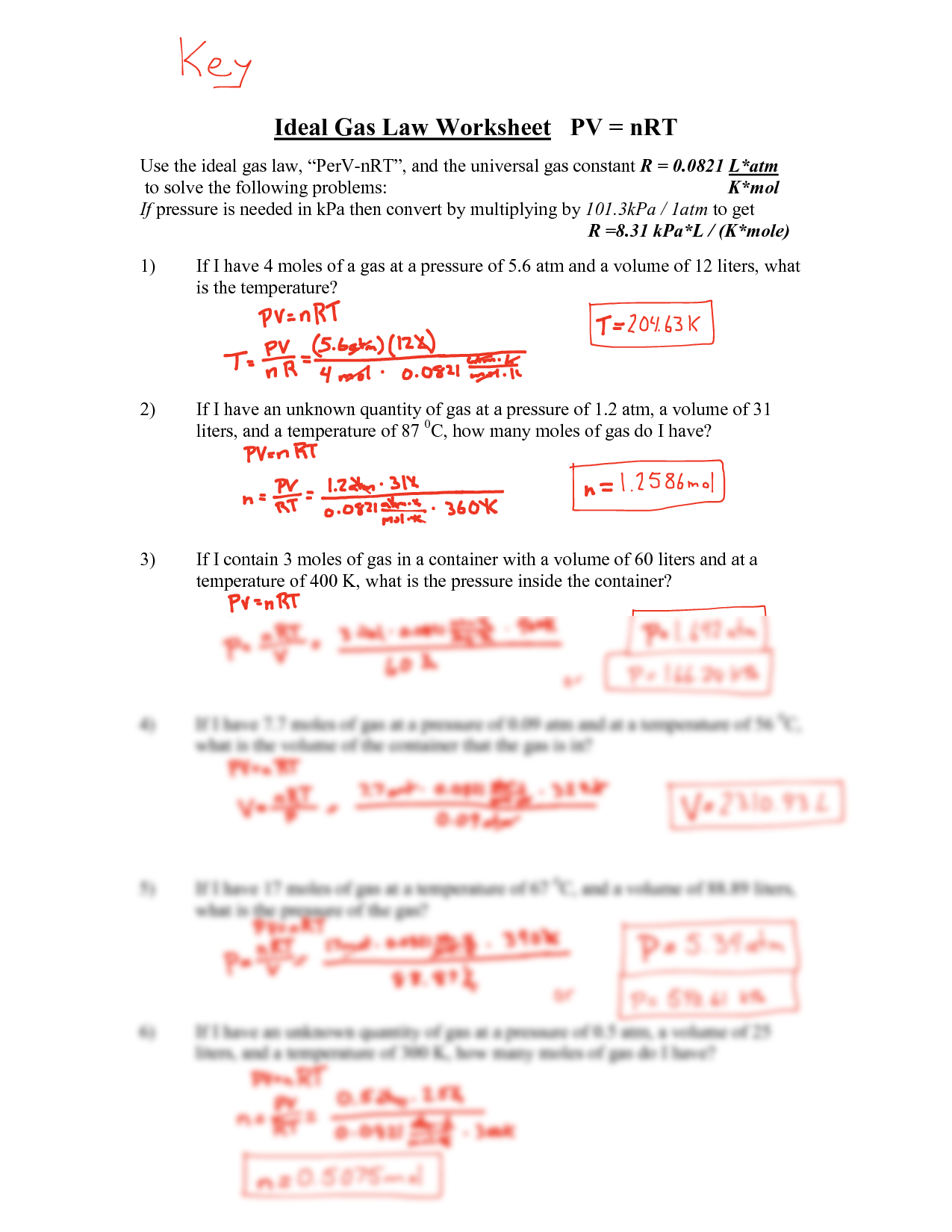 ideal gas law worksheet with answers