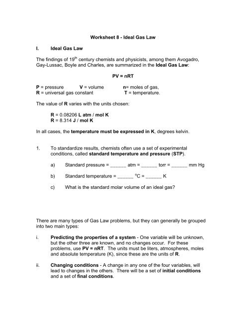Worksheet 8 - Ideal Gas Law I. Ideal Gas - HCC Learning Web