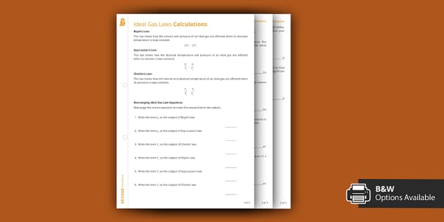 Ideal Gas Laws Calculations Worksheet (Boyles Law) | Beyond