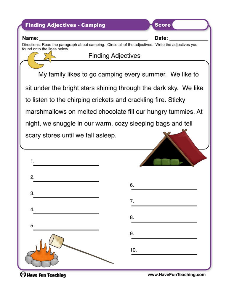 Finding Adjectives Camping Worksheet  