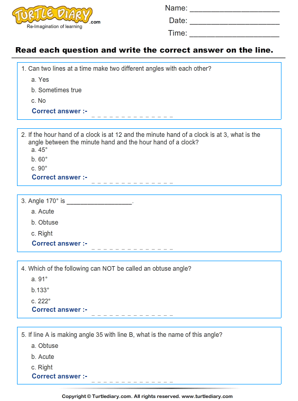 Identify and Classify Angles | Turtle Diary Worksheet