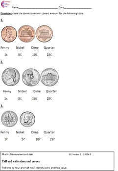 identify coin worksheet 1st grade