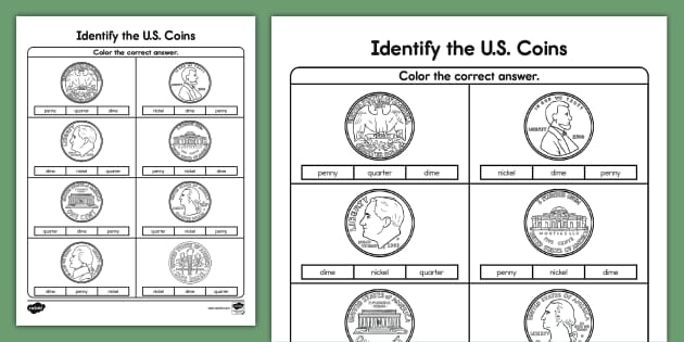 Kindergarten Identify the U S Coins Activity Sheet Twinkl