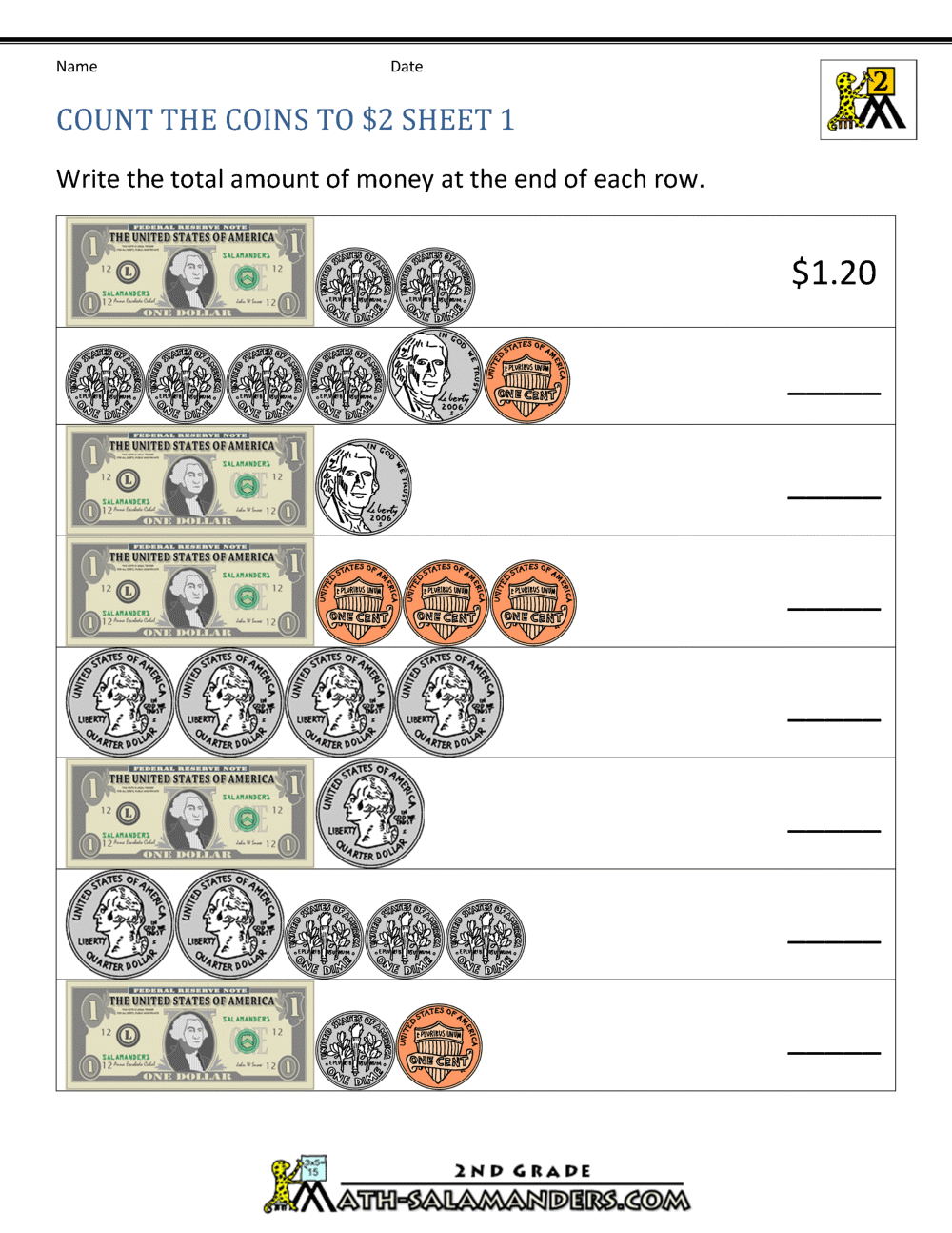 identify coins worksheet 2nd grade