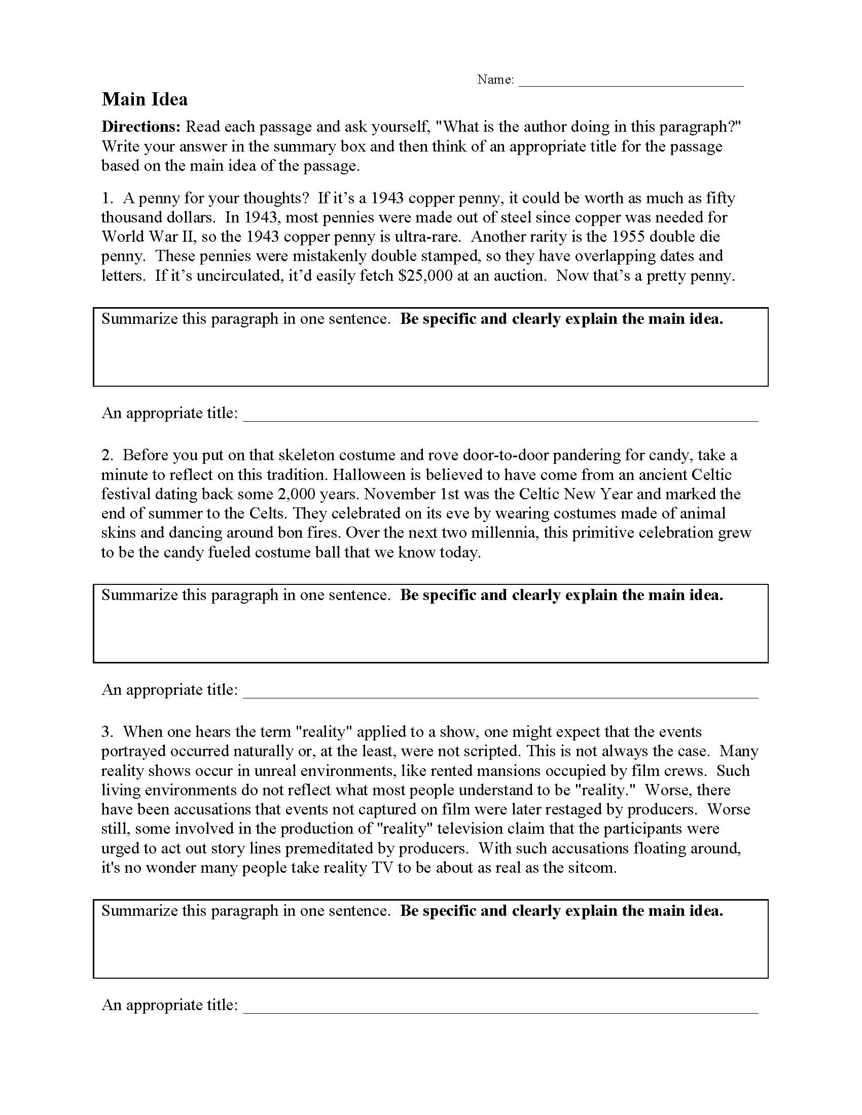 Main Idea Worksheets  