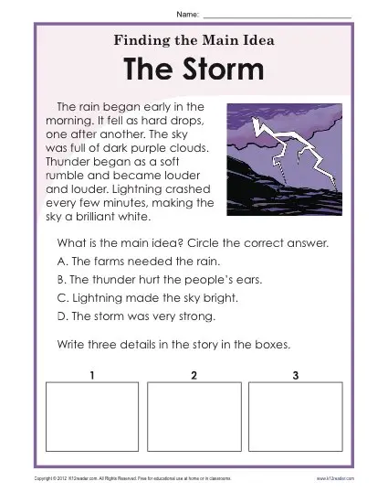 1st or 2nd Grade Main Idea Worksheet about Storms