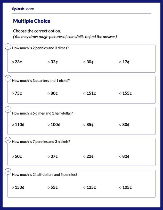 Identify the Amount of Money - Math Worksheets - SplashLearn