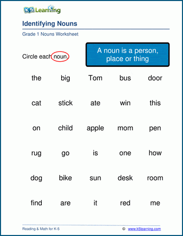 Identifying nouns worksheets for grade 1 | Worsheets library